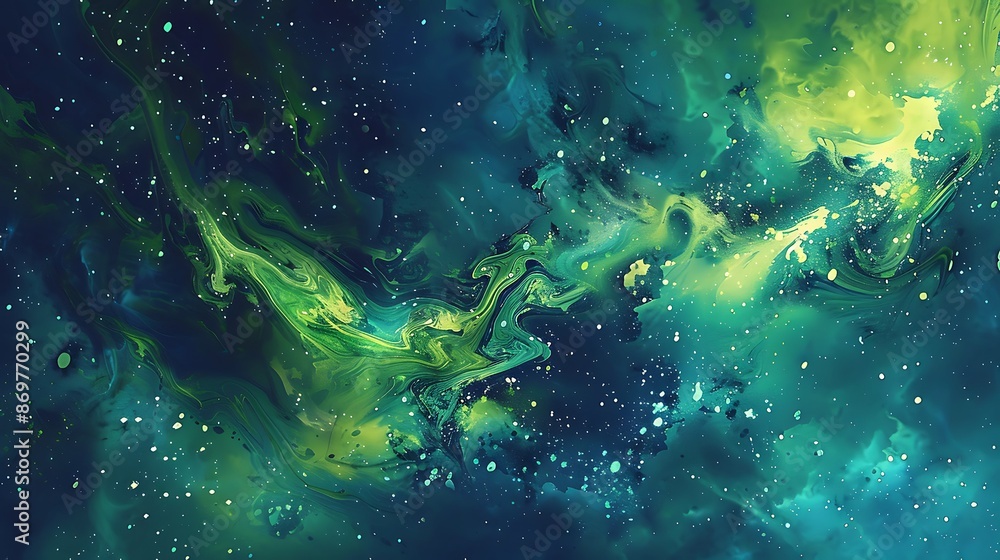 Fototapeta premium Bold green and blue splashes against a cosmic galaxy background.