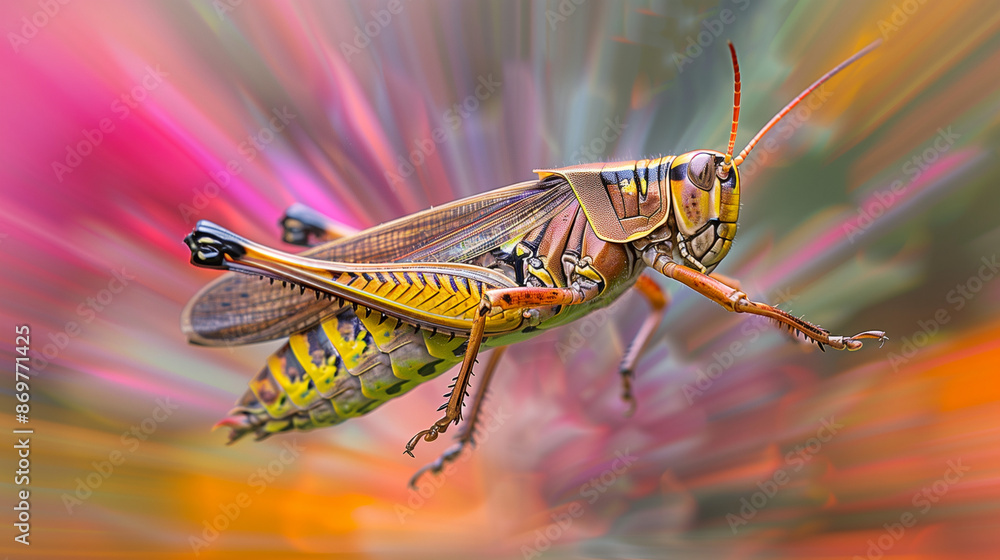 Fototapeta premium Grasshopper Colorful Mid-Jump with Dynamic and Vivid Background
