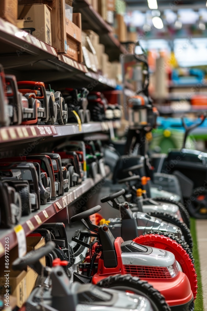 Fototapeta premium Lawn Mowers with Interchangeable Blades and Accessories in Home Improvement Store Display