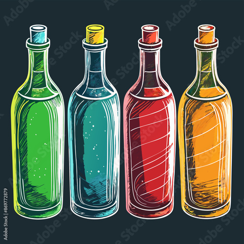 This illustration showcases Colorful Decorative Bottles with a stylish Pop Art aesthetic
