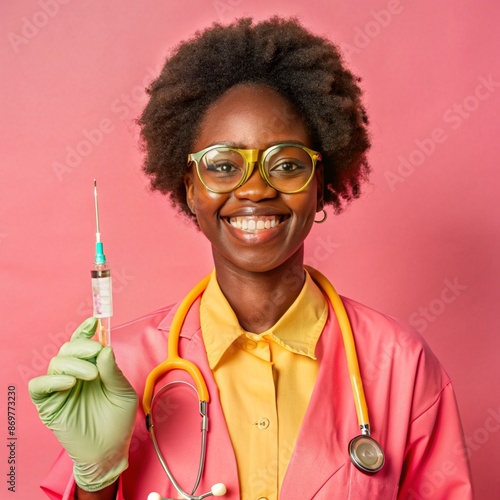A African nurse wearing an apron and stethoscope and glasses. hold on injection. face reaction smiling on a solid background.