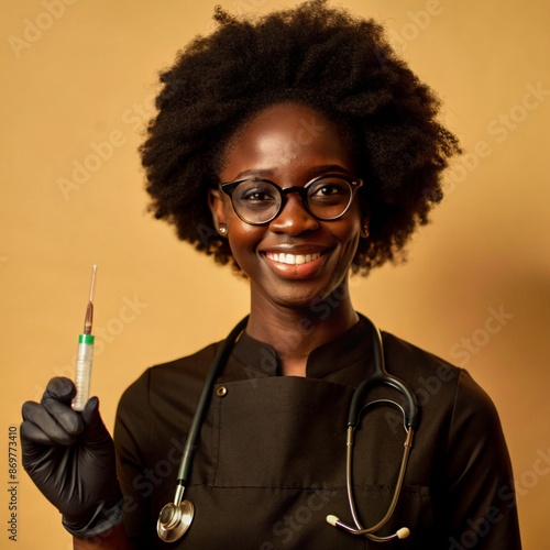 A African nurse wearing an apron and stethoscope and glasses. hold on injection. face reaction smiling on a solid background.