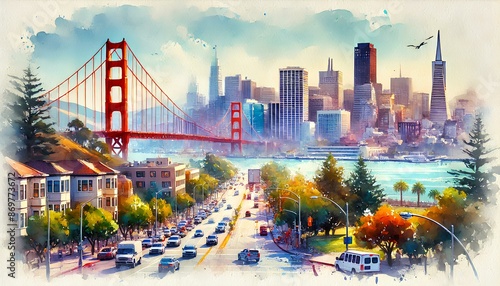 Watercolor painting of San Francisco's iconic skyline, with modern buildings, the Golden Gate Bridge, and lush parks.