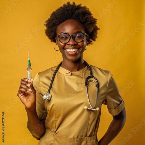 A African nurse wearing an apron and stethoscope and glasses. hold on injection. face reaction smiling on a solid background.