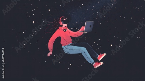 A Woman Floating in Space with a Laptop and VR Headset © Bolustck