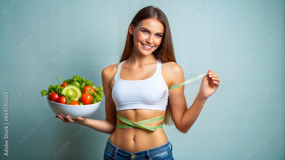 Happy slim lady showing her slimming result with a bowl of vegetable salad in hand. Happy slim lady showing her slimming result with a bowl of vegetable salad in hand.