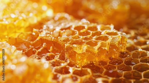 bright photo of honeycomb with bee honey.