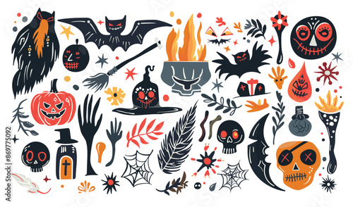 Set of isolated Halloween decoration elements in doodle hand-drawn graphic vector illustration on transparent background. Vivid black, red and orange color tone. © Plawarn