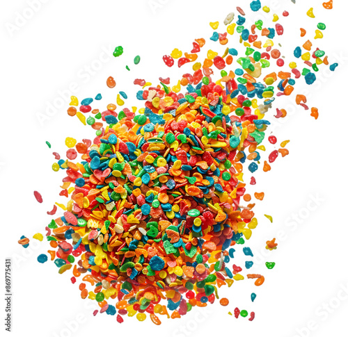 Exploding fruity pebbles cereal, individual separated and pieces floating in Isolated on Transparent background.