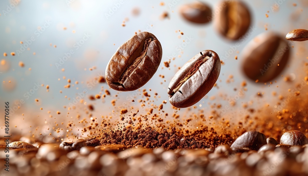 Flying coffee beans on a white background with smoke after roasting, an advertising photo of a coffee shop, banner with space for text Flying coffee beans on a white background with smoke after roasting, an advertising photo of a coffee shop, banner with space for text