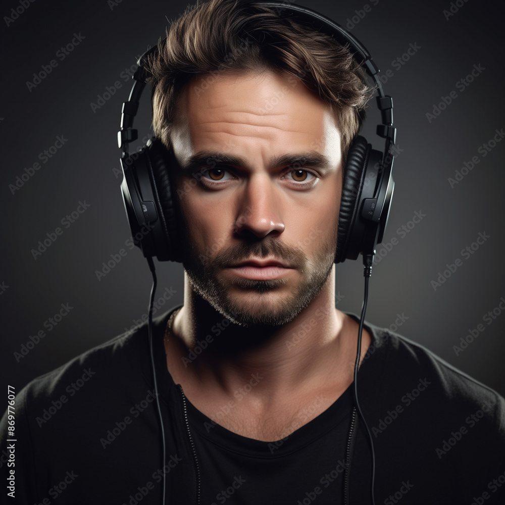 Caucasian man with black headphones and black shirt isolated on dark background Caucasian man with black headphones and black shirt isolated on dark background