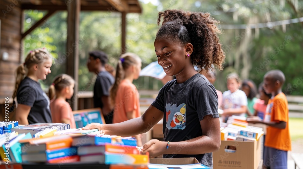 Volunteer handing out educational materials and books to children at a community event promoting literacy. Volunteer handing out educational materials and books to children at a community event promoting literacy.