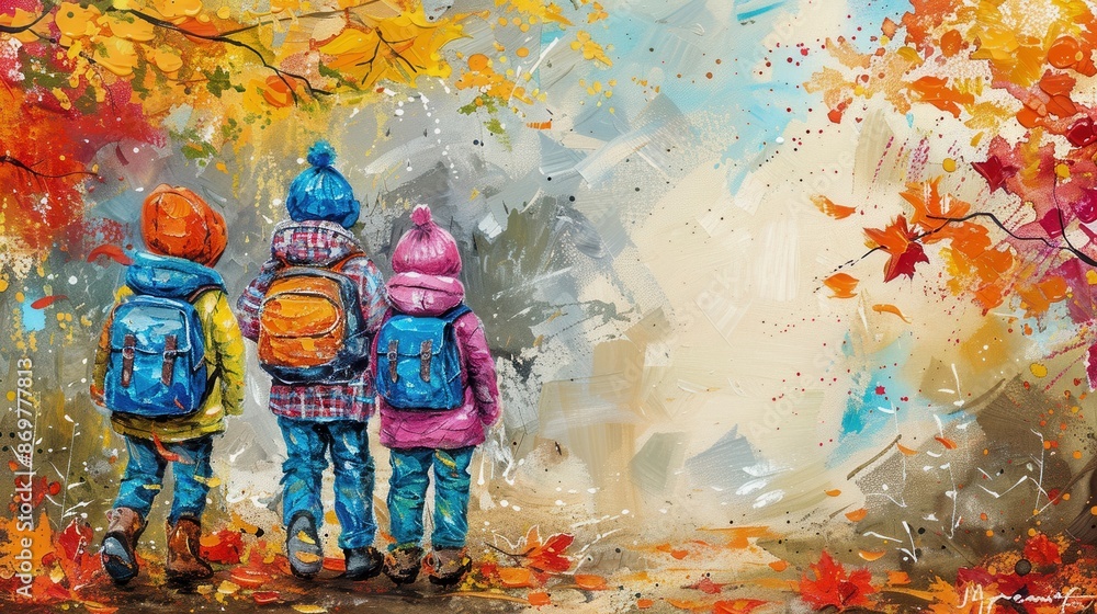 Fototapeta premium Colorful painting of three kids with backpacks walking through vibrant autumn leaves. Perfect for fall or children's themes.