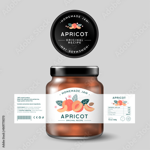 Ripe Apricot Jam. Sweet food. Design of label with flat illustration and texts. Mock up of Glass Jar with Label.