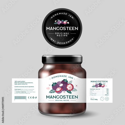 Mangosteen Exotic Fruit Jam. Sweet food. Design of label with flat illustration and texts. Mock up of Glass Jar with Label.