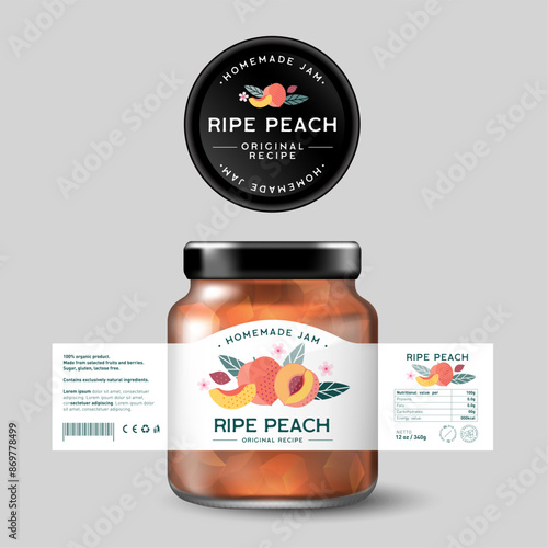 Peach Jam. Sweet food. Design of label with flat illustration and texts. Mock up of Glass Jar with Label.
