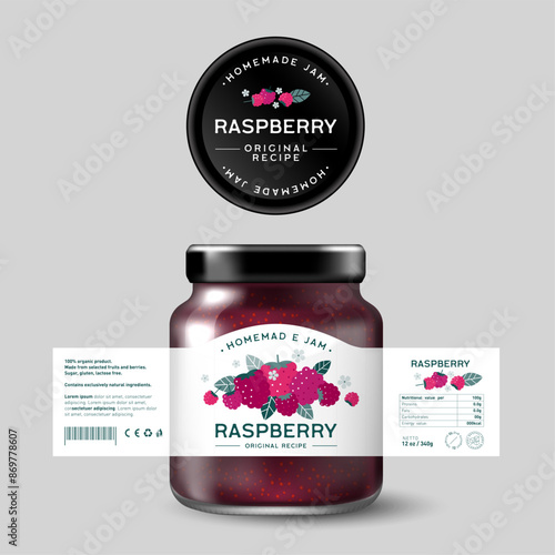 
Raspberry Jam. Sweet food. Design of label with flat illustration and texts. Mockup of Glass Jar with Label.