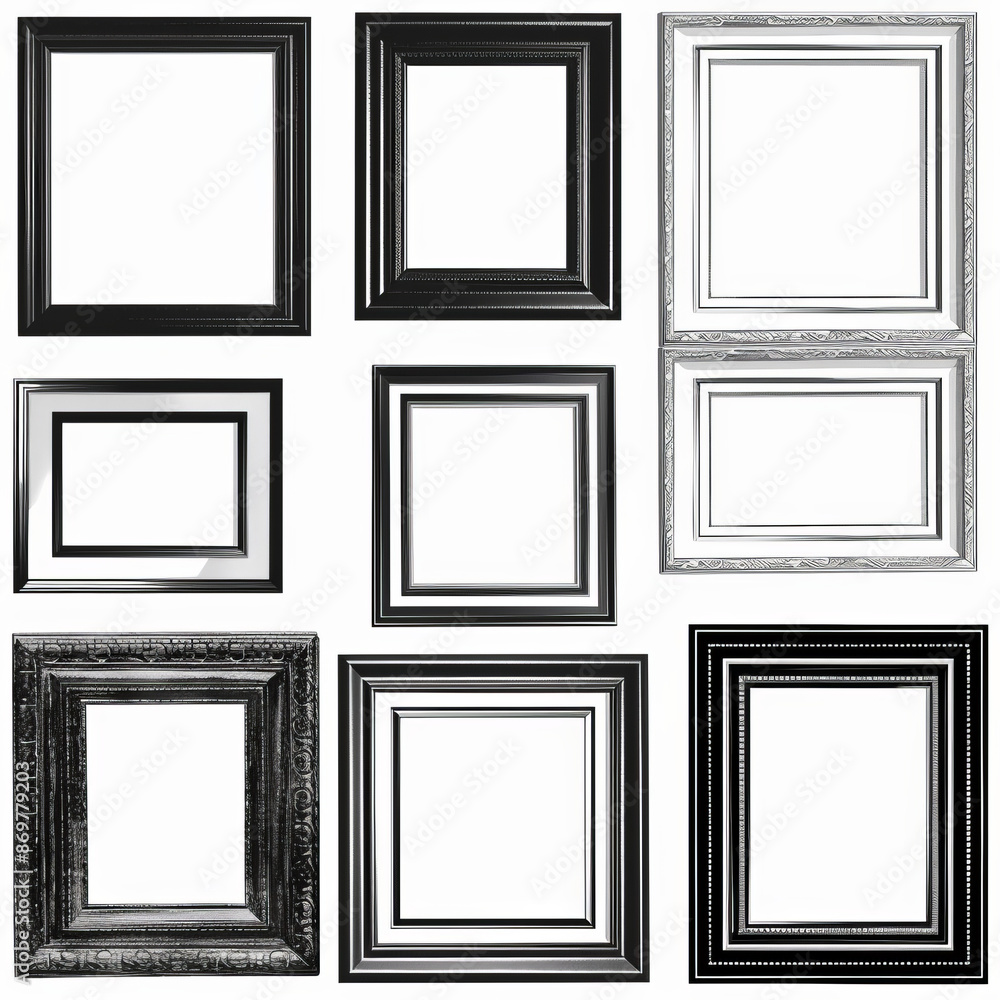 A collection of blank black and white frames, isolated on a white background A collection of blank black and white frames, isolated on a white background