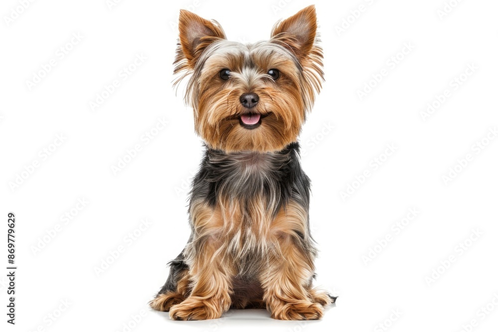 Happy blue gold Yorkshire terrier dog sitting on white background. Happy blue gold Yorkshire terrier dog sitting on white background.