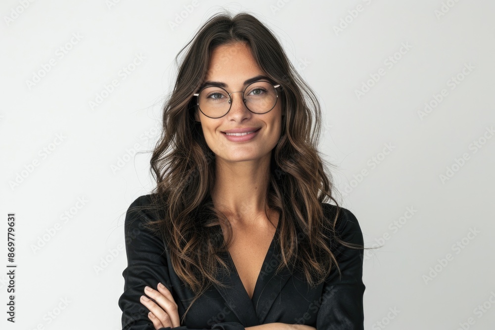 Confident brunette woman in glasses smiling with arms crossed Confident brunette woman in glasses smiling with arms crossed