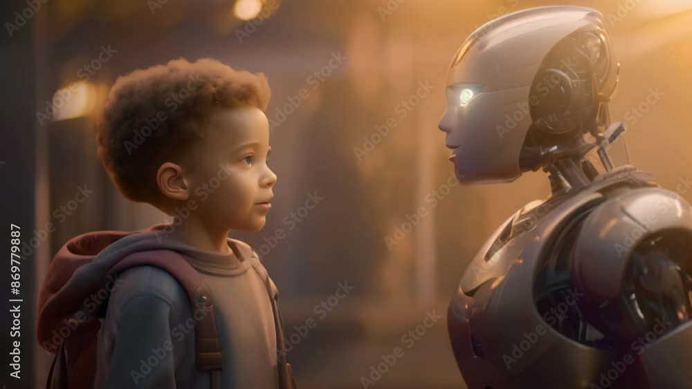 Young boy in casual outfit smiling at humanoid robot against blurred city backdrop. Robot has white and silver exterior, friendly expression.
Young boy in casual outfit smiling at humanoid robot against blurred city backdrop. Robot has white and silver exterior, friendly expression.
