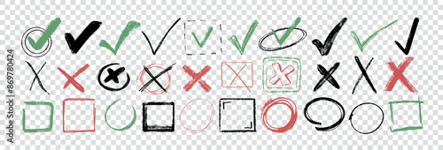 Check marks doodle set. Hand drawn chalk checklist, checkbox, green tick and red cross signs in sketch style. Charcoal pencil correct or incorrect symbols. Crayon checkmarks, yes and no elements.