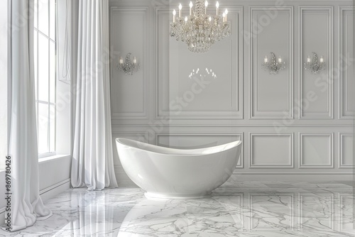 Elegant bathroom with marble tiles and chandelier