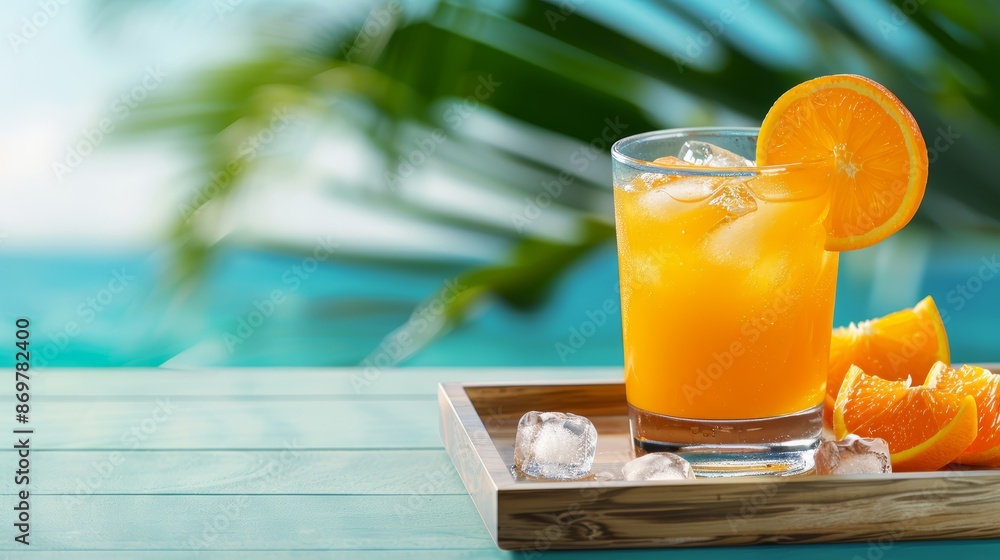 A glass of orange juice with ice cube, Orange slice, in tray on wooden table in a tropical luxury resort, Fresh summer cocktail A glass of orange juice with ice cube, Orange slice, in tray on wooden table in a tropical luxury resort, Fresh summer cocktail