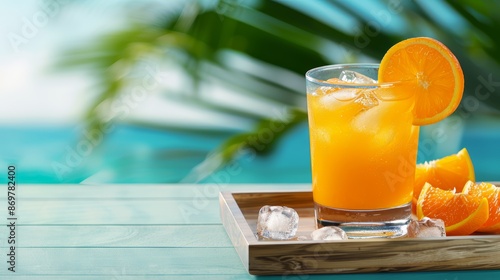 A glass of orange juice with ice cube, Orange slice, in tray on wooden table in a tropical luxury resort, Fresh summer cocktail