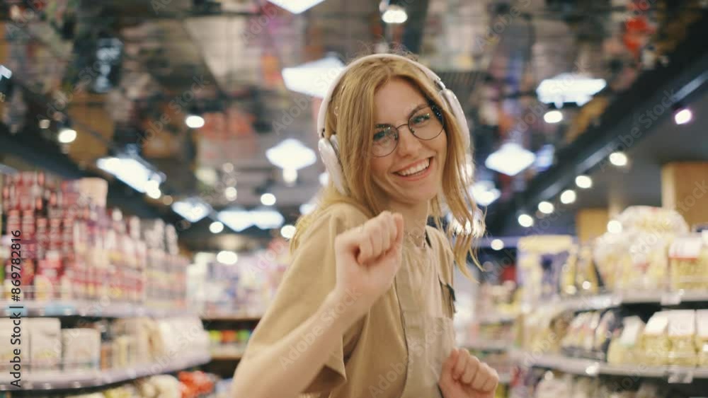 A bright and cheerful woman is dancing with headphones in a grocery store aisle, expressing her excitement and joy while enjoying the music and exploring the products available A bright and cheerful woman is dancing with headphones in a grocery store aisle, expressing her excitement and joy while enjoying the music and exploring the products available