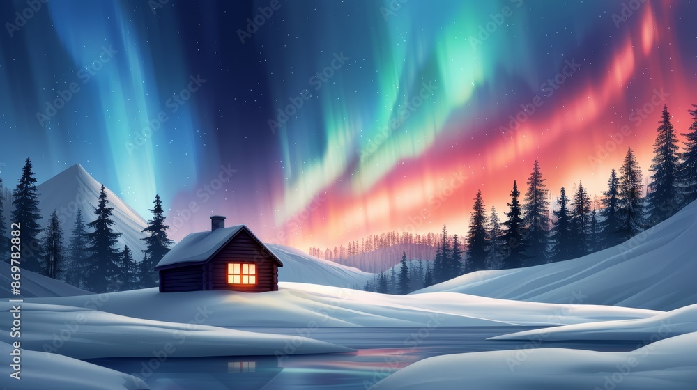 A rustic wooden house with a snow-covered roof, nestled in a forest with colorful northern lights in the sky, fantasy, digital painting, vibrant colors, intricate details A rustic wooden house with a snow-covered roof, nestled in a forest with colorful northern lights in the sky, fantasy, digital painting, vibrant colors, intricate details