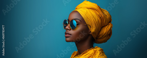 a african woman wearing a head scarf and sunglasses photo