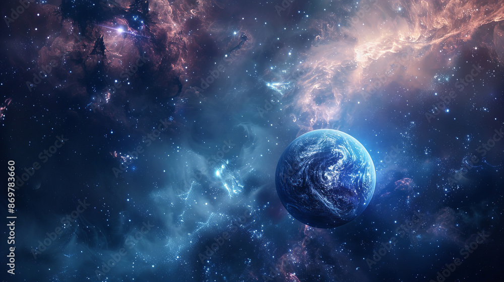 The image features a view of Earth from space, surrounded by a vast ...