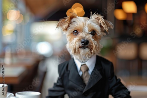 Cute dog in costume sitting in cafe photo