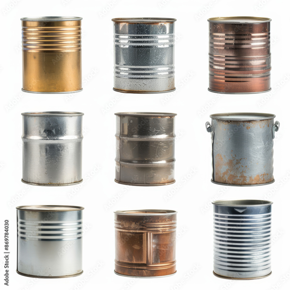 A set of metal tin cans, isolated on a white background A set of metal tin cans, isolated on a white background