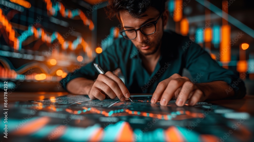 A concentrated financial analyst trader examines and annotates colorful charts, highlighting trends and data insights, amidst a backdrop of dynamic market graphics. A concentrated financial analyst trader examines and annotates colorful charts, highlighting trends and data insights, amidst a backdrop of dynamic market graphics.