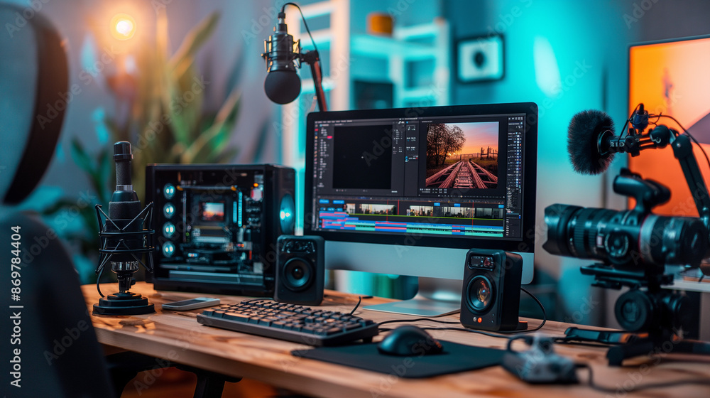 Desk setup for live streaming, featuring a computer Desk setup for live streaming, featuring a computer