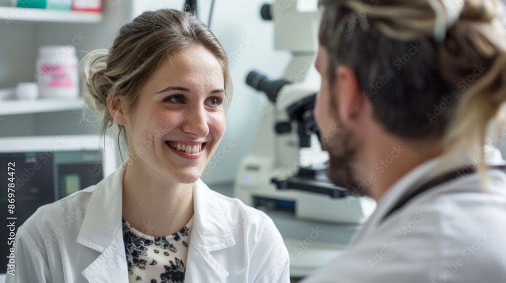 Portrait of a successful embryo transfer, with a doctor and patient smiling and the test tube equipment in the background Portrait of a successful embryo transfer, with a doctor and patient smiling and the test tube equipment in the background