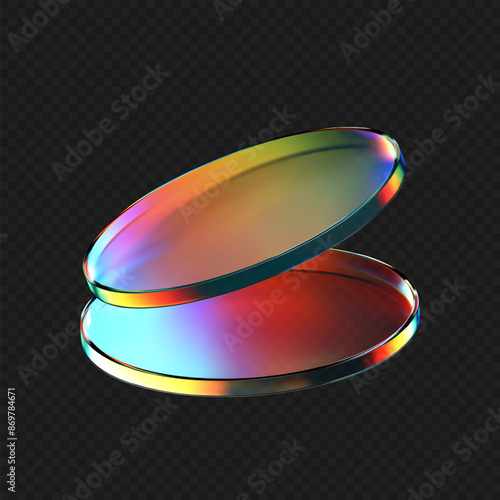 3d glass flying product podium with rainbow, holographic effect isolated on dark background. Render transparent glass cosmetic or award pedestal, disk stage with iridescent gradient. 3d vector figure