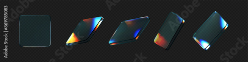 3d glass square shapes set with refraction and holographic effect isolated on black background. Render transparent crystal glass button with dispersion light, rainbow gradient. 3d vector illustration