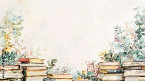 watercolor background with copy space. backdrop with different books, an open book. Background for schoolchildren and students photo