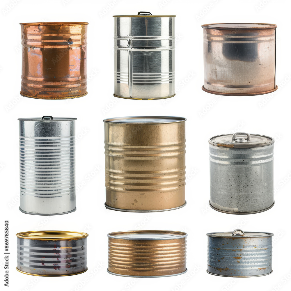 A set of metal tin cans, isolated on a white background A set of metal tin cans, isolated on a white background
