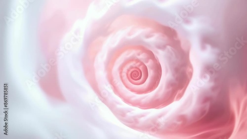 A mesmerizing swirl of pink and white clouds creating a vortex. The image evokes a dreamlike, calming atmosphere with its soft, ethereal textures. Perfect abstract background.