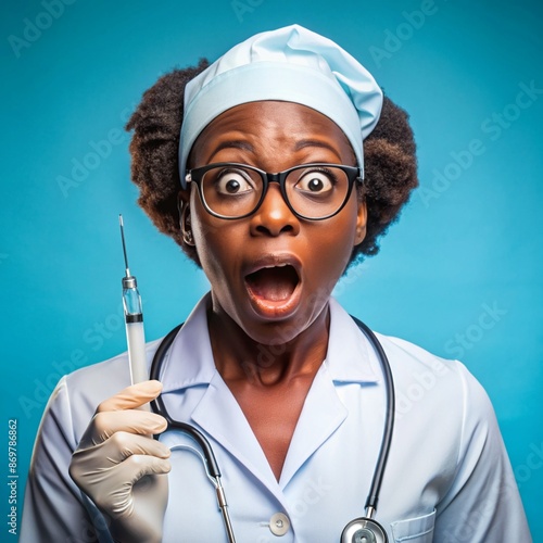 A African nurse wearing an apron and stethoscope and glasses. hold on injection. face reaction wow on a solid background.