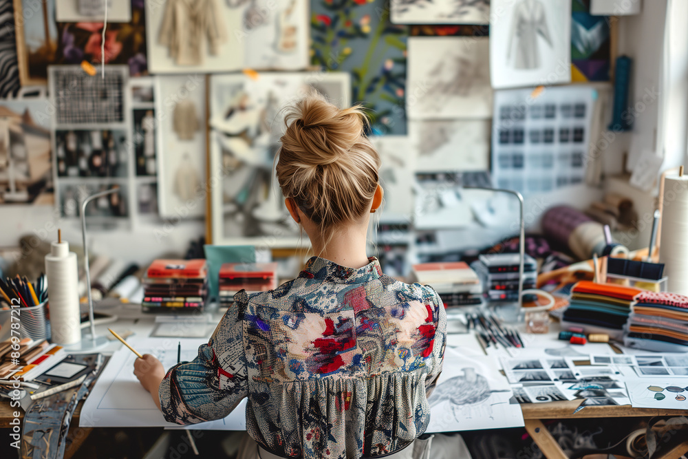 Fashion Designer Working on Creative Designs in Studio Fashion Designer Working on Creative Designs in Studio
