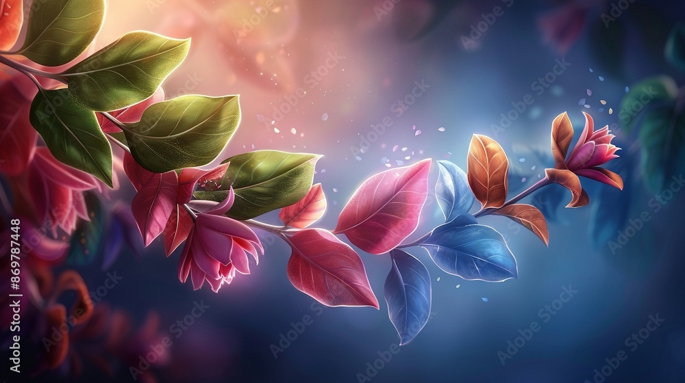 A painting depicts a branch adorned with leaves and flowers against a dark blue backdrop, illuminated by top lighting A painting depicts a branch adorned with leaves and flowers against a dark blue backdrop, illuminated by top lighting