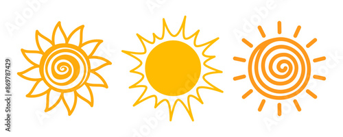 Sun icon set. Yellow sun star sunshine and solar glow, sunrise or sunset collection. Summer. Flat Vector illustration isolated on white background	
