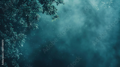 The image features a mysterious, foggy forest scene with tree branches framing the view. The muted blue-green tones create an atmosphere of calm and intrigue © Maxim