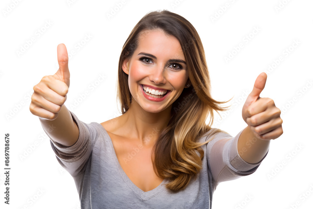 The woman shows thumbs up and smiles - PNG file. The woman shows thumbs up and smiles - PNG file.