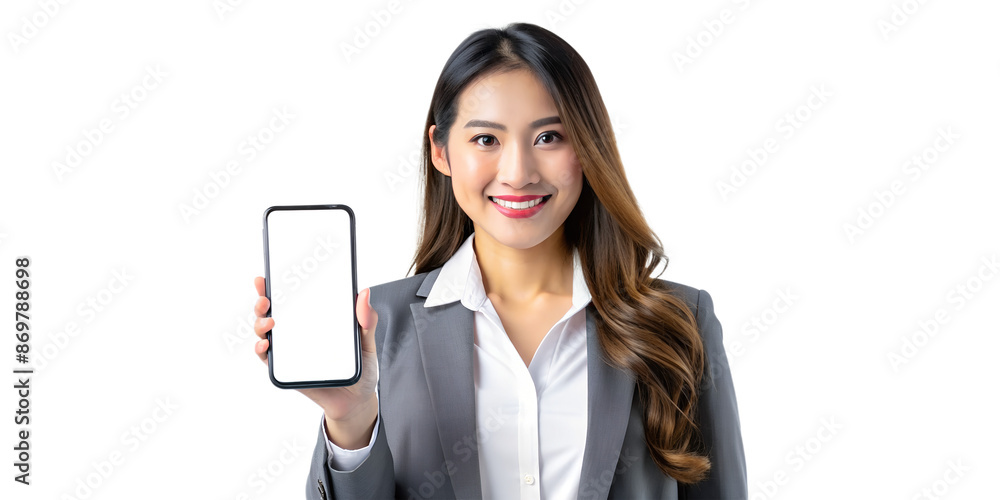Business woman holding smartphone mockup with blank screen - PNG file. Business woman holding smartphone mockup with blank screen - PNG file.